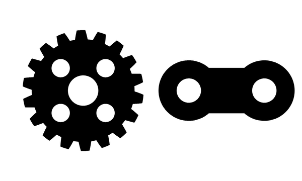 A black gear and a plate with two holes, as a picture