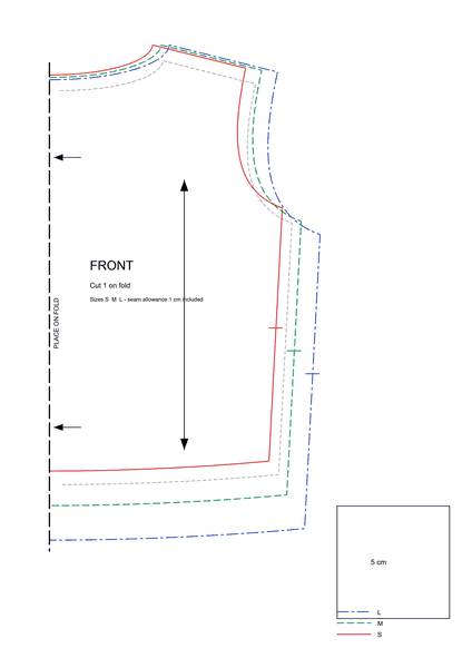 A sewing pattern of a T-shirt front in three sizes, as a PDF page